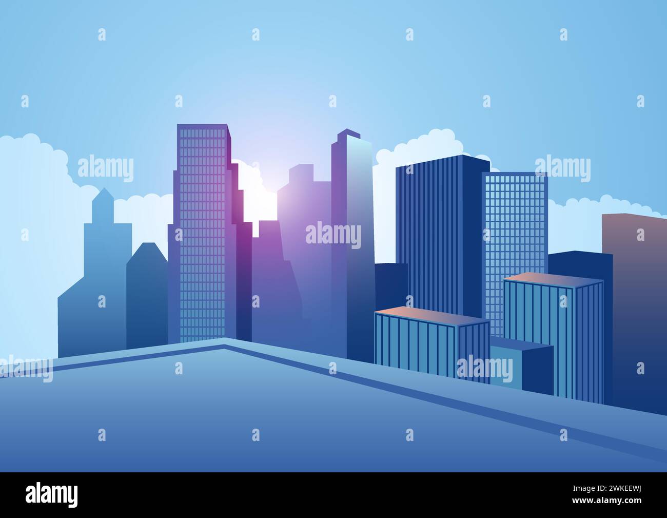 Vektor-Illustration eines Stadtbildes mit Wolkenkratzern vom Dach eines Hochhauses aus gesehen, perfekt für urbane Themen, Immobilien und moderne des Stock Vektor