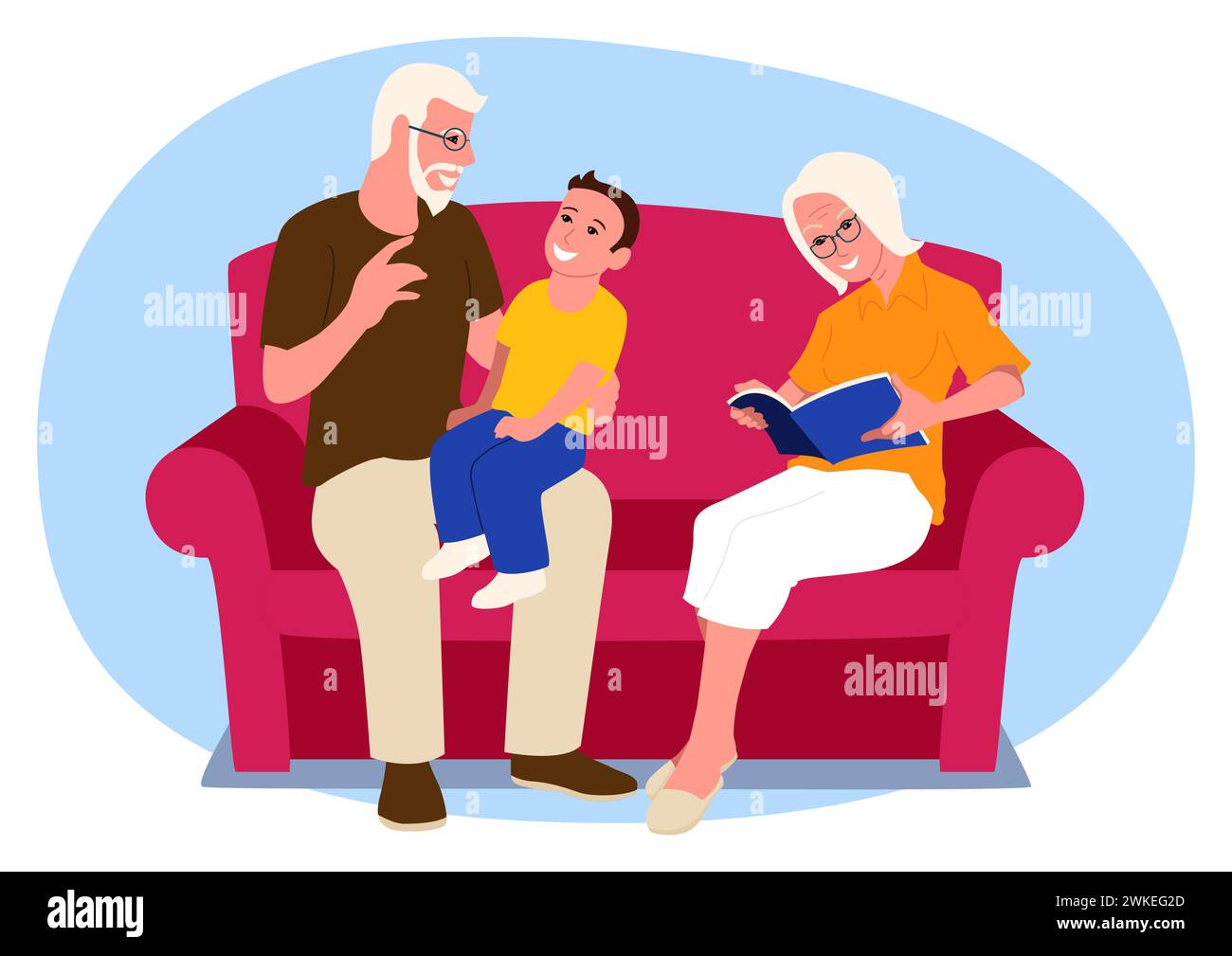 Großeltern und Enkel teilen wertvolle Momente auf dem Sofa, Generationenverbindung und die Freude an einer guten gemeinsamen Zeit, Familienbeziehungen und dem Stock Vektor