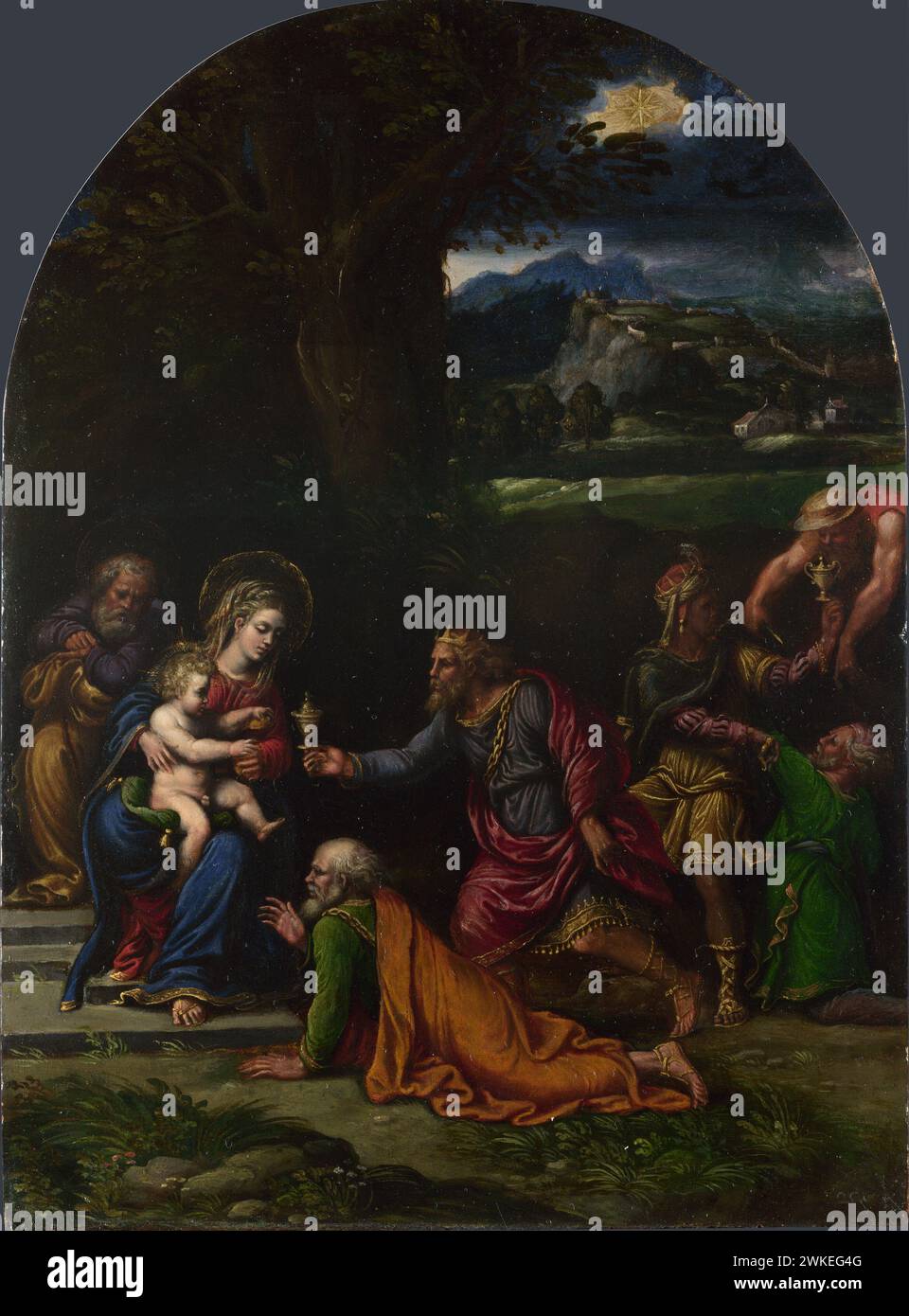 Die Anbetung der Könige. Museum: Nationale Galerie, London. Autor: Girolamo da Carpi (Girolamo Sellari). Stockfoto
