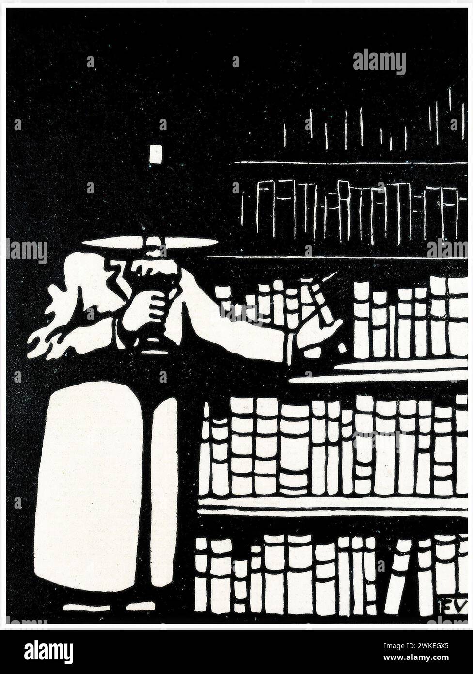 Felix Vallotton/ Booklover mit Lampe in seiner Bibliothek. Holzschnitzerei, um 1910. Stockfoto