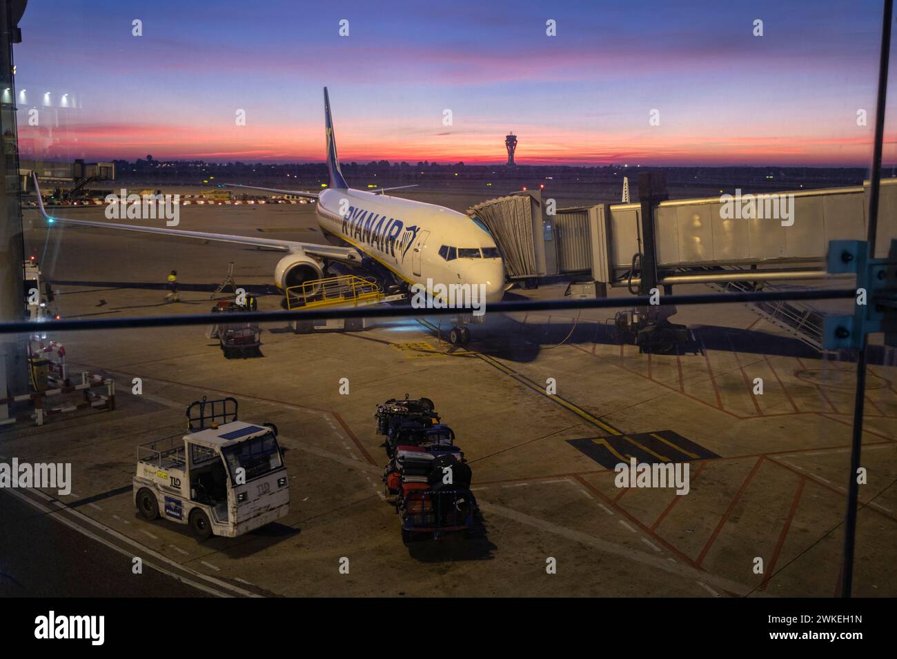 Vuelo de Ryanair en el aeropuerto de Palma de Mallorca, aeropuerto de Son Sant Joan, Mallorca, Balearen, spanien. Stockfoto