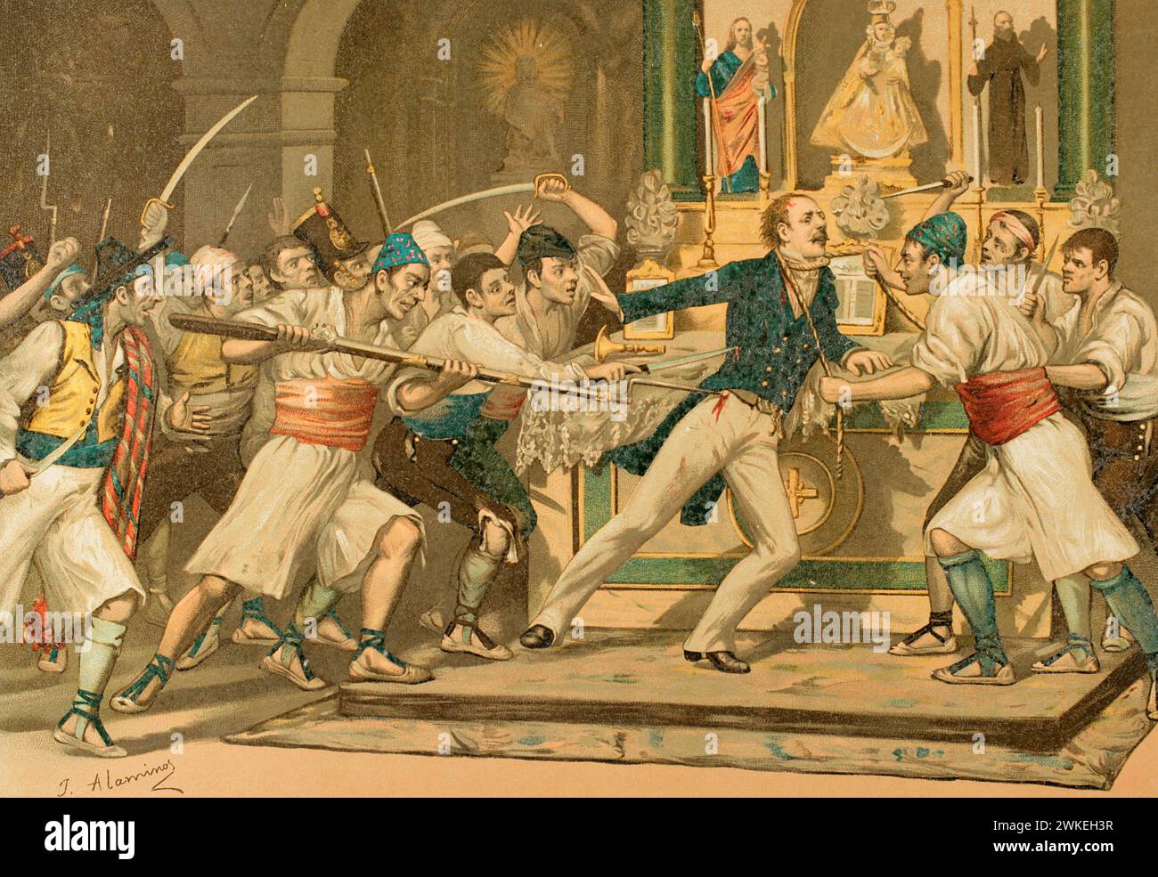 Geschichte Spaniens. Revolte gegen Espartero, 1843. Tod von Miguel Antonio Camacho, dem politischen Führer der Provinz Valencia, am 11. Oktober 1843 während eines Volksaufstandes. Illustration von J. Alaminos. Chromolithographie. "Historia de la Guerra Civil y de los Partidos Liberal y Carlista" (Geschichte des Bürgerkriegs und der liberalen und karlistischen Parteien). Band III 1891. Autor: Juan Alaminos. Spanischer Künstler der zweiten Hälfte des 19. Jahrhunderts. Stockfoto