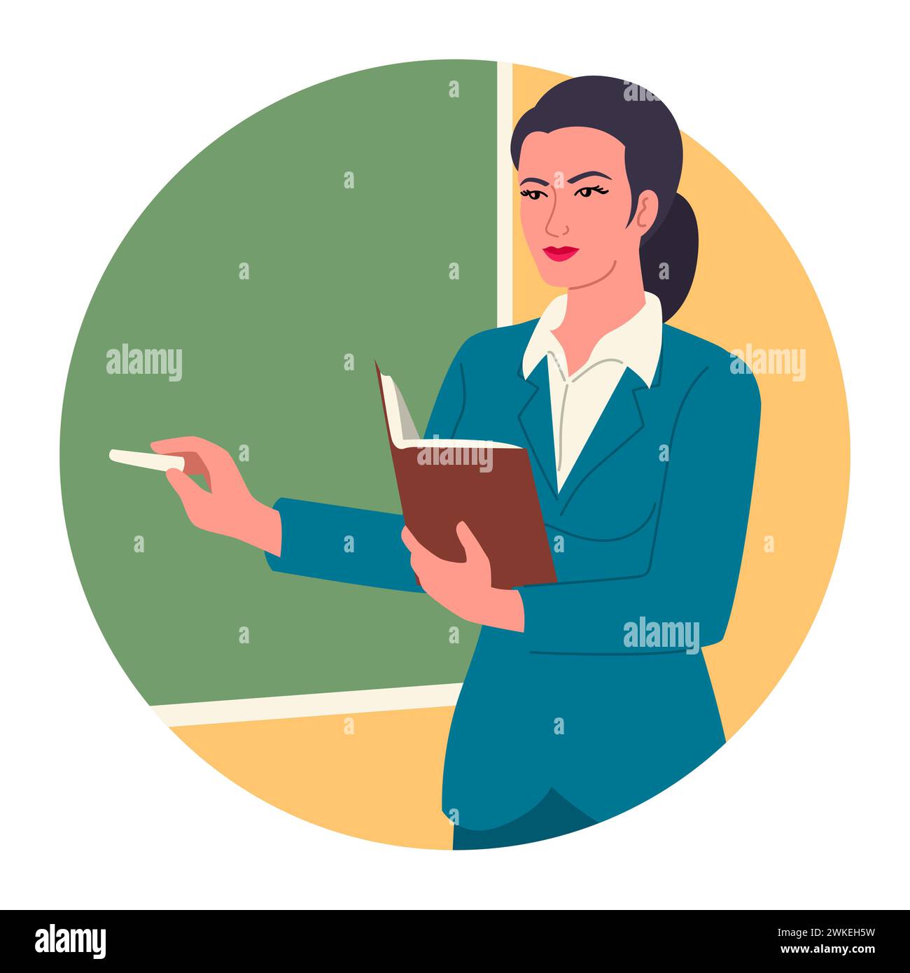 Das klassische Bild einer Lehrerin, die Kreide hält und auf der Tafel schreibt, verkörpert das Wesen des Unterrichts und Wissensaustauschs für Schulkinder Stock Vektor