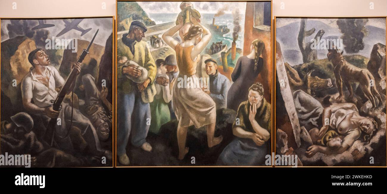 Aurelio Arteta, Triptychon des Krieges. Die Vorderseite, die Exodus, die Rückseite, um 1937-1938, Öl auf Leinwand, Alava Fine Arts Museum, Vitoria, Baskenland, Spanien. Stockfoto