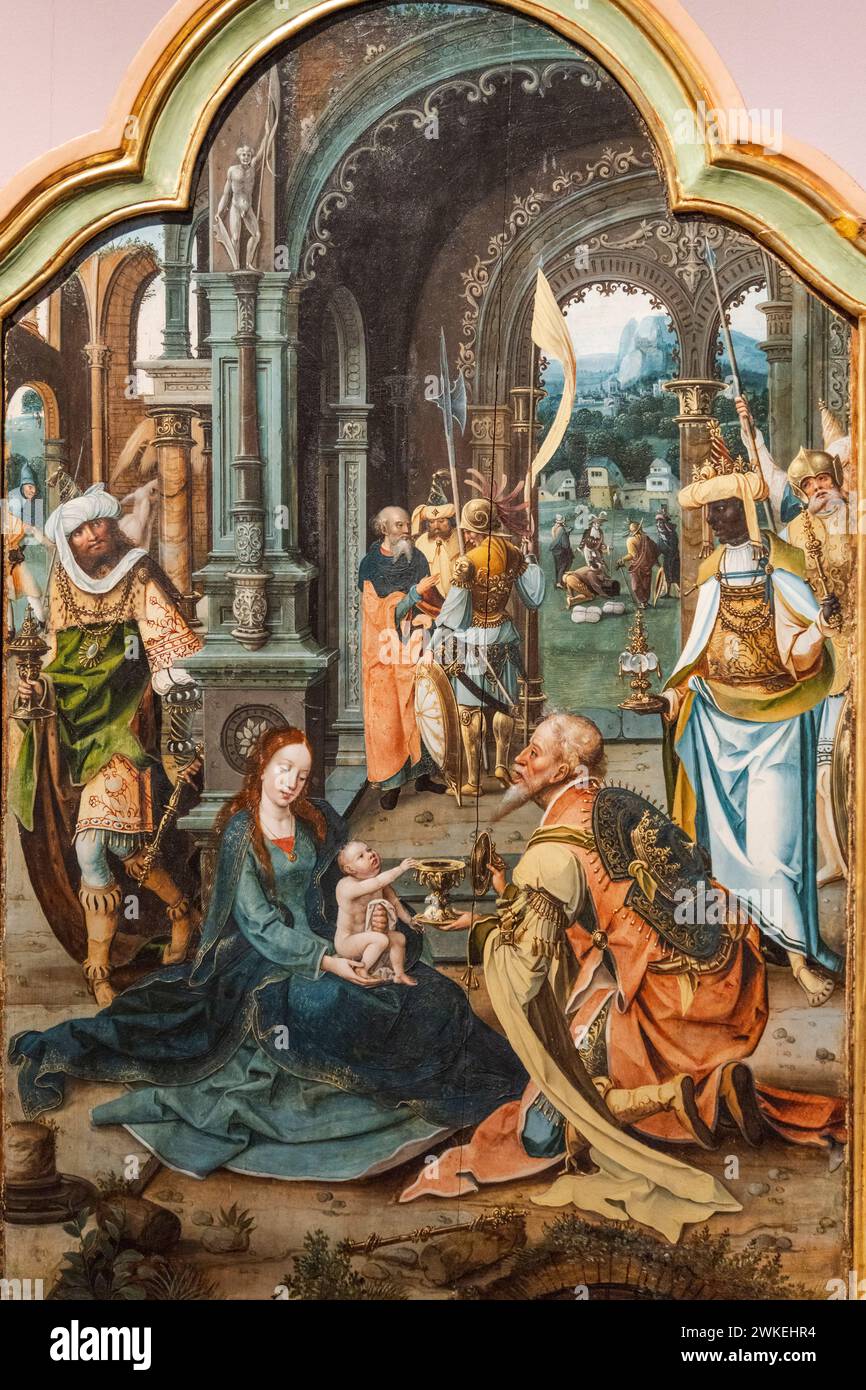 Triptychon der Epiphanie, Geburt und Präsentation, Jan Van Dornicke, 15. Jahrhundert, Öl auf Platte, San Millan de Villamaderne, Vitoria, Kathedrale María Inmaculada, Álava, Spanien. Stockfoto