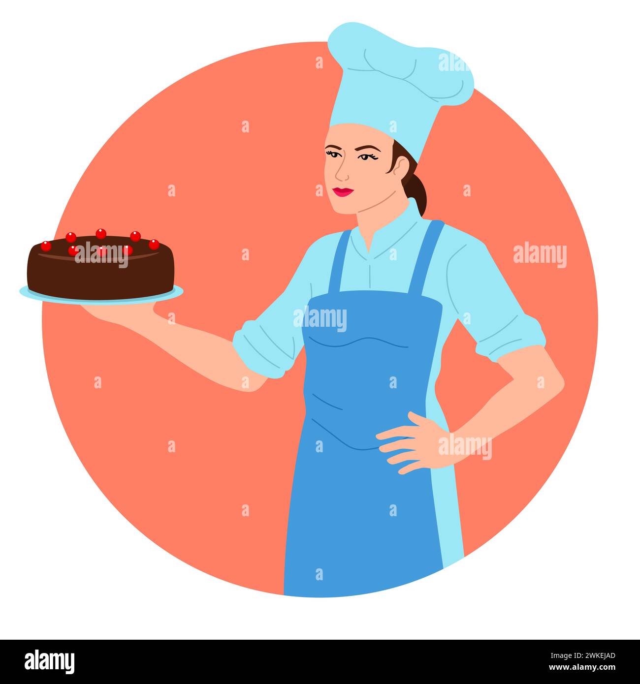 Clip-Art einer Küchenchefin, die stolz einen Schokoladenkuchen hält. Dieses Bild eignet sich perfekt für Werbung für Bäckerei, Dessertrezepte und Kochblogs Stock Vektor