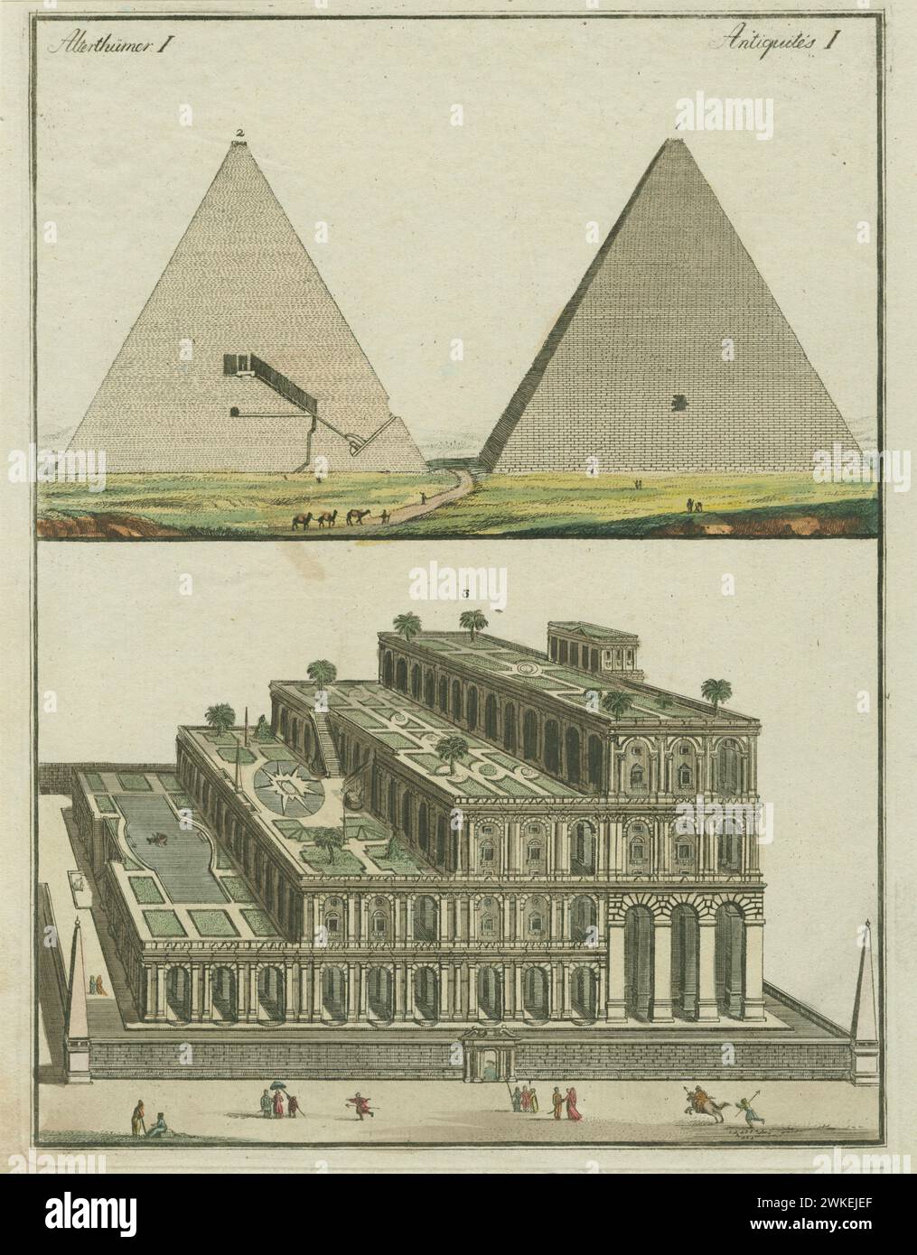 Durchschnitt und Inneres der Großen Pyramide. Die schwebenden Gärten. Museum: Privatsammlung. AUTOR: JOSEPH EMANUEL FISCHER VON ERLACH. Stockfoto