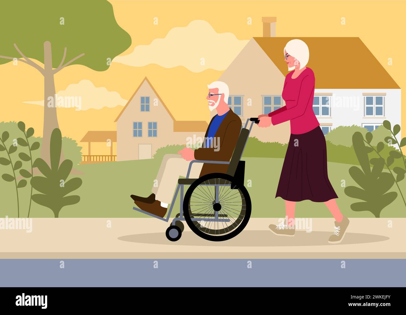 Zeigt eine ältere Frau, die ihren Mann in einen Rollstuhl schiebt. Szene der Liebe, Unterstützung und Gesellschaft in späteren Jahren, Beziehungen, alternde Gnade Stock Vektor