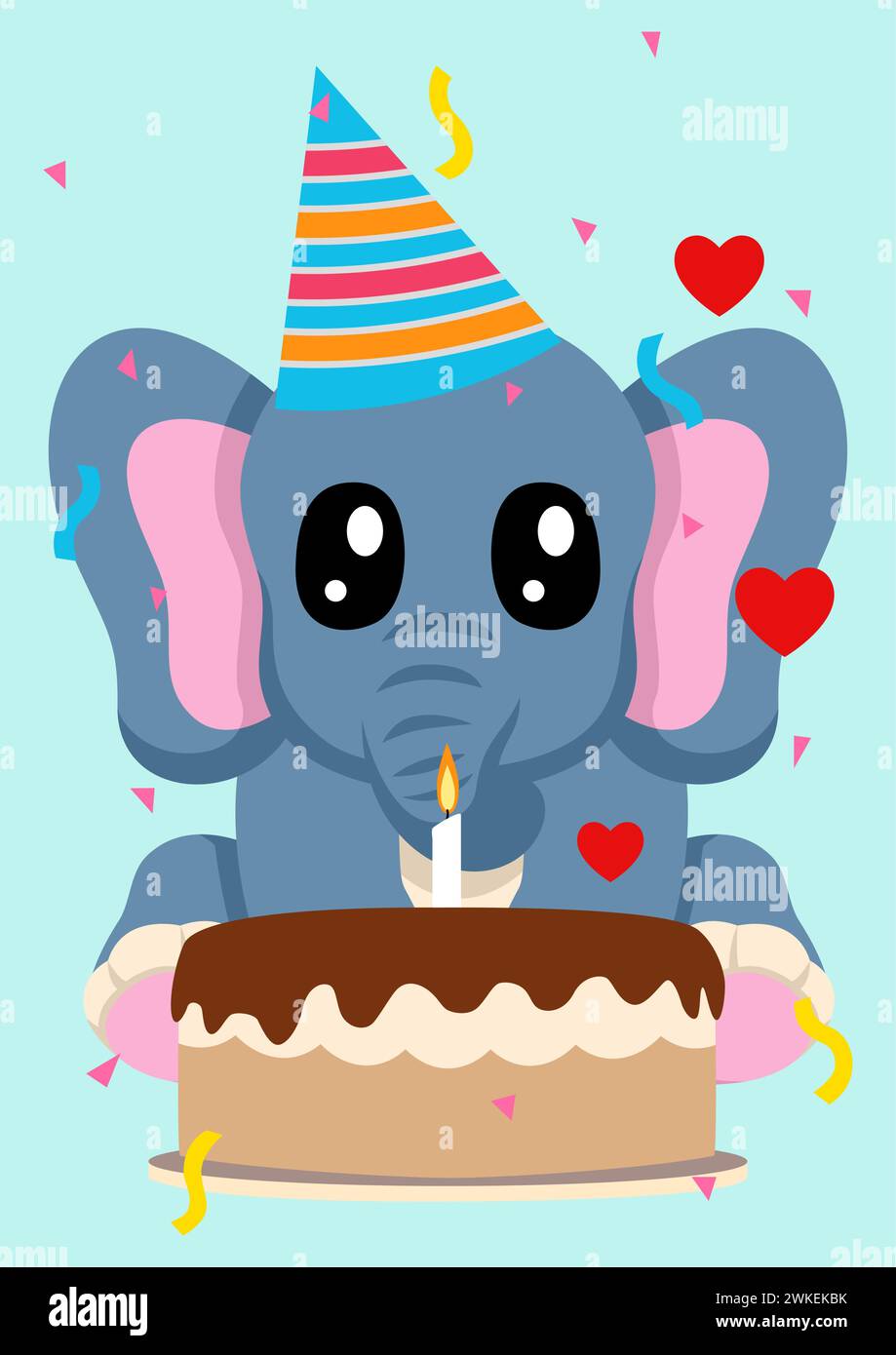 Feiern Sie Geburtstage mit dieser entzückenden flachen Vektor-Illustration, die einen entzückenden Cartoon-Elefanten zeigt, der eine Geburtstagskappe trägt und vor t sitzt Stock Vektor