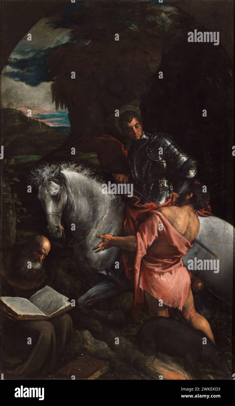 Heiliger Martin und der Bettler mit dem Heiligen Antonius. Museum: Museo Civico, Bassano del Grappa. Verfasser: Bassano, Jacopo, il vecchio. Stockfoto