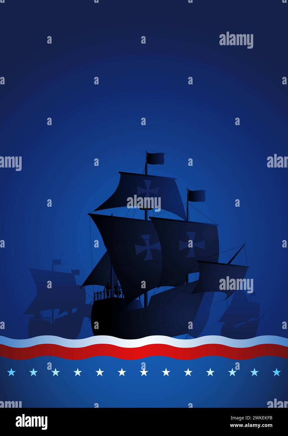 Columbus-Schiff, La Santa Maria, Pinta und Nina segeln über den riesigen Ozean auf blauem Hintergrund. Es symbolisiert historische Entdeckungen und den Geist, zu denen es geht Stock Vektor