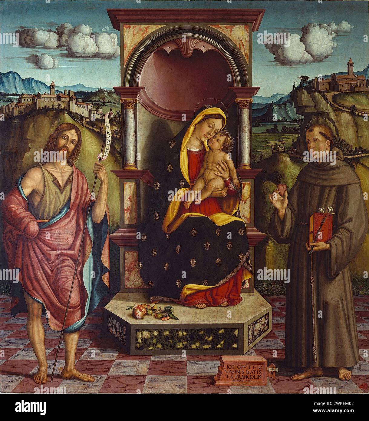 Madonna und Kind mit Heiligen Johannes dem Täufer und Antonius von Padua. Museum: Pinacoteca Civica, Jesi. AUTOR: PIETRO PAOLO AGABITI. Stockfoto