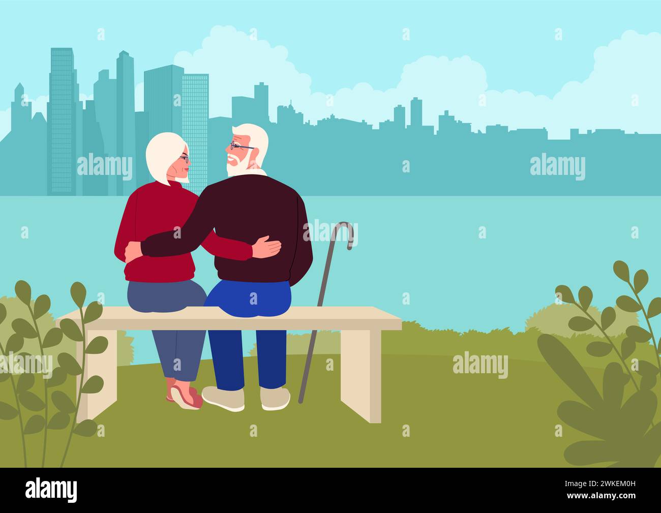 Älteres Ehepaar, das sich auf einer Parkbank umgibt und das ruhige Ufer der Stadt bestaunt. Der Moment der Liebe und des Zusammenlebens, die Schönheit einer dauerhaften Beziehung Stock Vektor