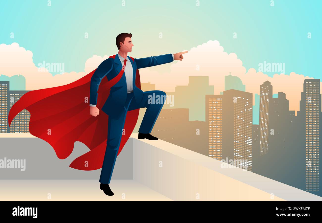 Abbildung eines Superhelden-Geschäftsmannes, der triumphierend auf einem Wolkenkratzer steht und auf die Skyline der Stadt zeigt. Themen wie Führung, Ehrgeiz, an Stock Vektor