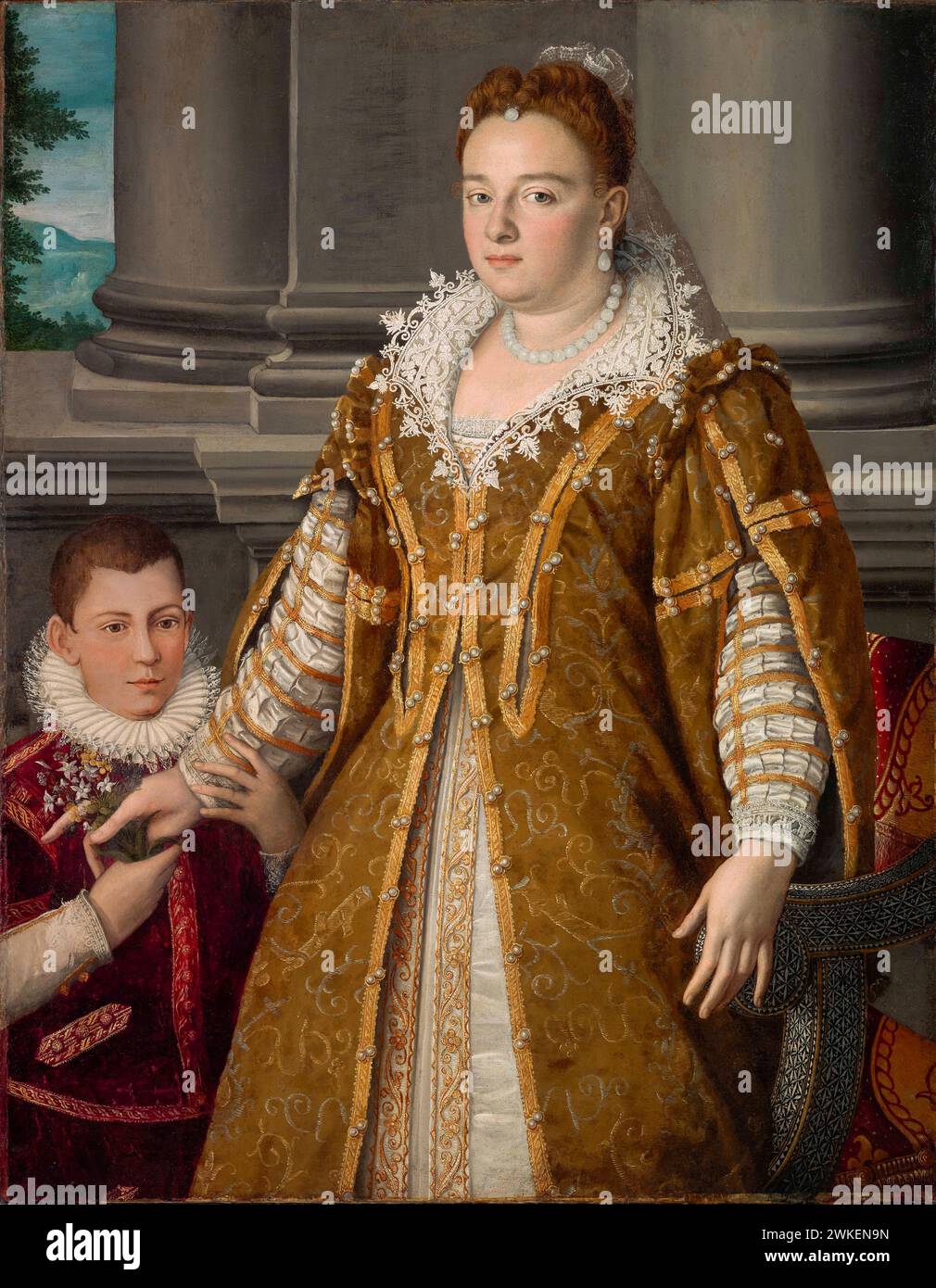 Porträt von Bianca Cappello (1548–1587), Großherzogin von Toskana mit ihrem Sohn. MUSEUM: DALLAS MUSEUM OF ART. Autor: ALESSANDRO ALLORI. Stockfoto