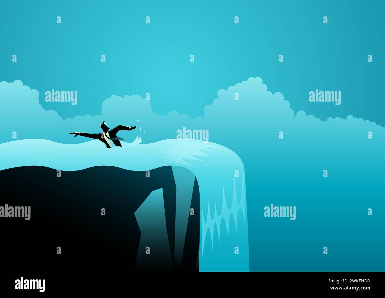 Geschäftsmann schwimmt gegen die Strömung, vermeidet den Rand des Wasserfalls, Vektor-Illustration Stock Vektor