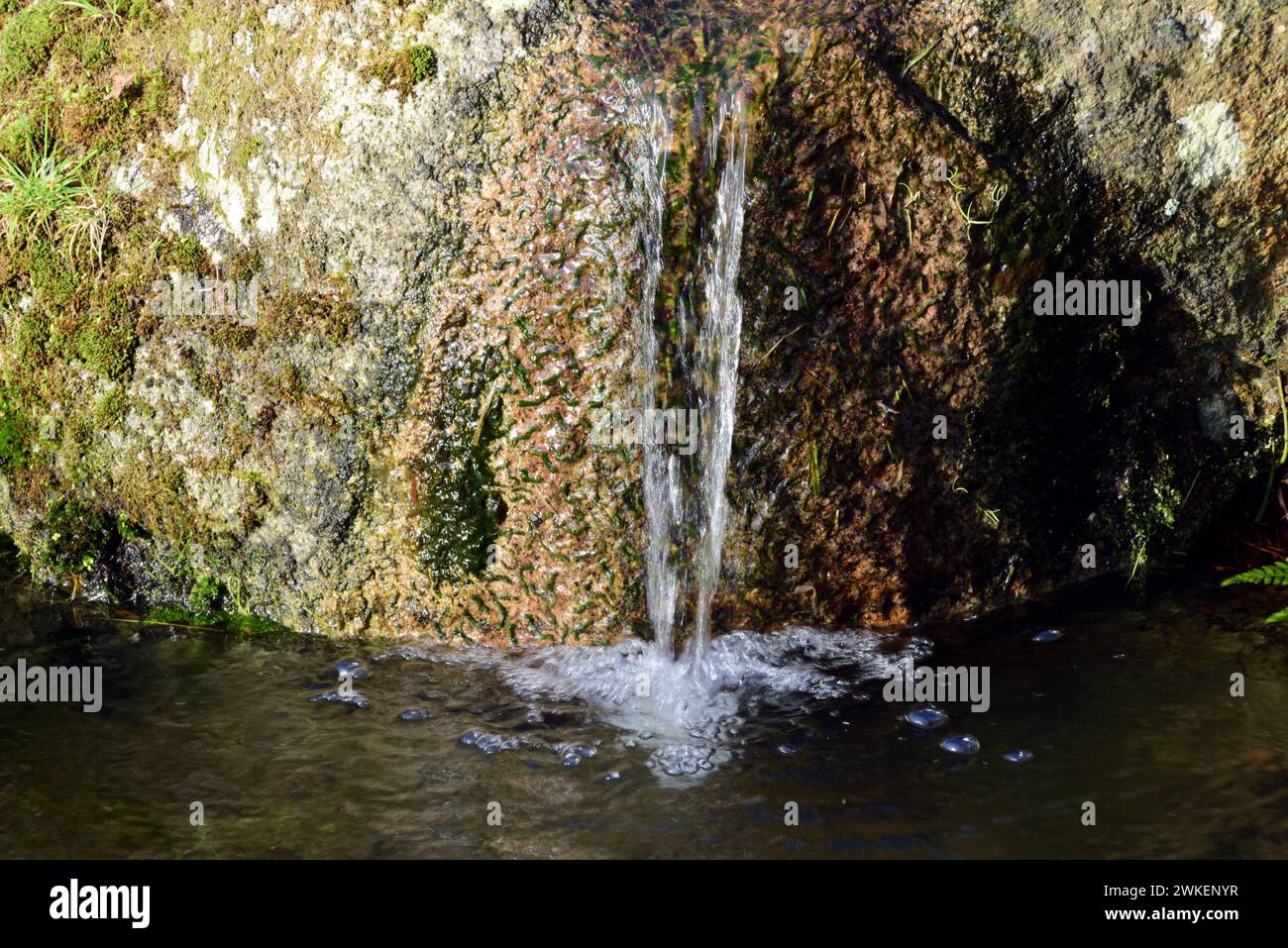 Wasser fließt über Felsbrocken in einen Teich. Stockfoto