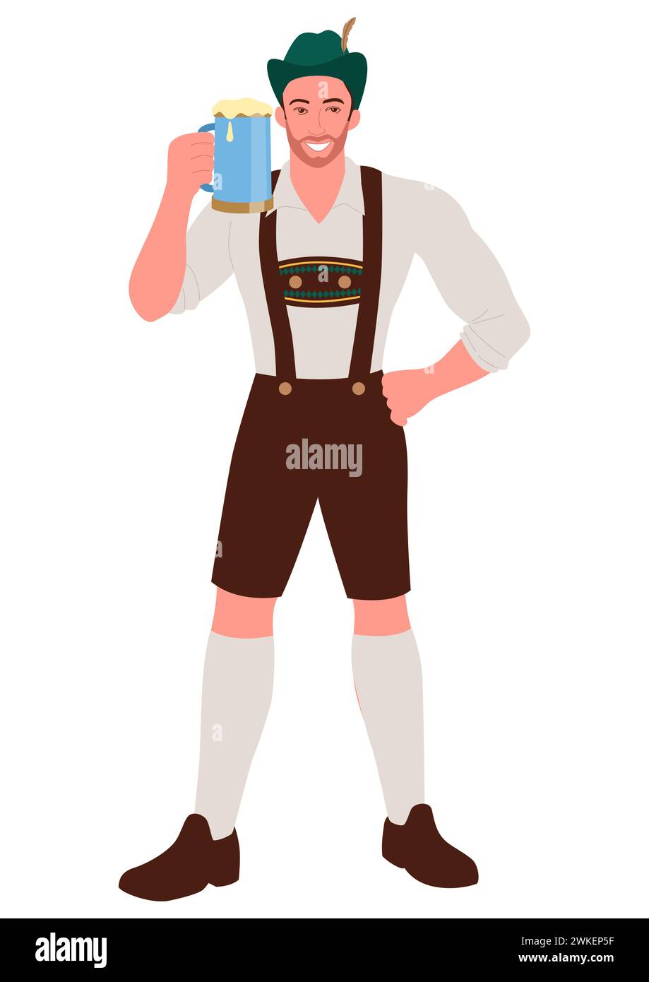 Mit dieser Illustration erleben Sie den Geist des Oktoberfests. Ein Mann in bayerischer Tracht, der ein Bierglas hält. Perfekt für Ihre Projekte mit dem Stock Vektor