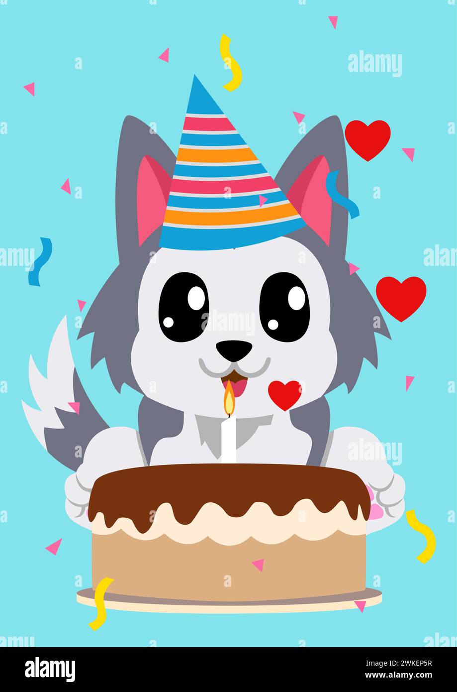 Feiern Sie Geburtstage mit dieser entzückenden flachen Vektor-Illustration mit einem entzückenden Zeichentrick Husky Hund, der einen Geburtstagshut trägt und davor sitzt Stock Vektor