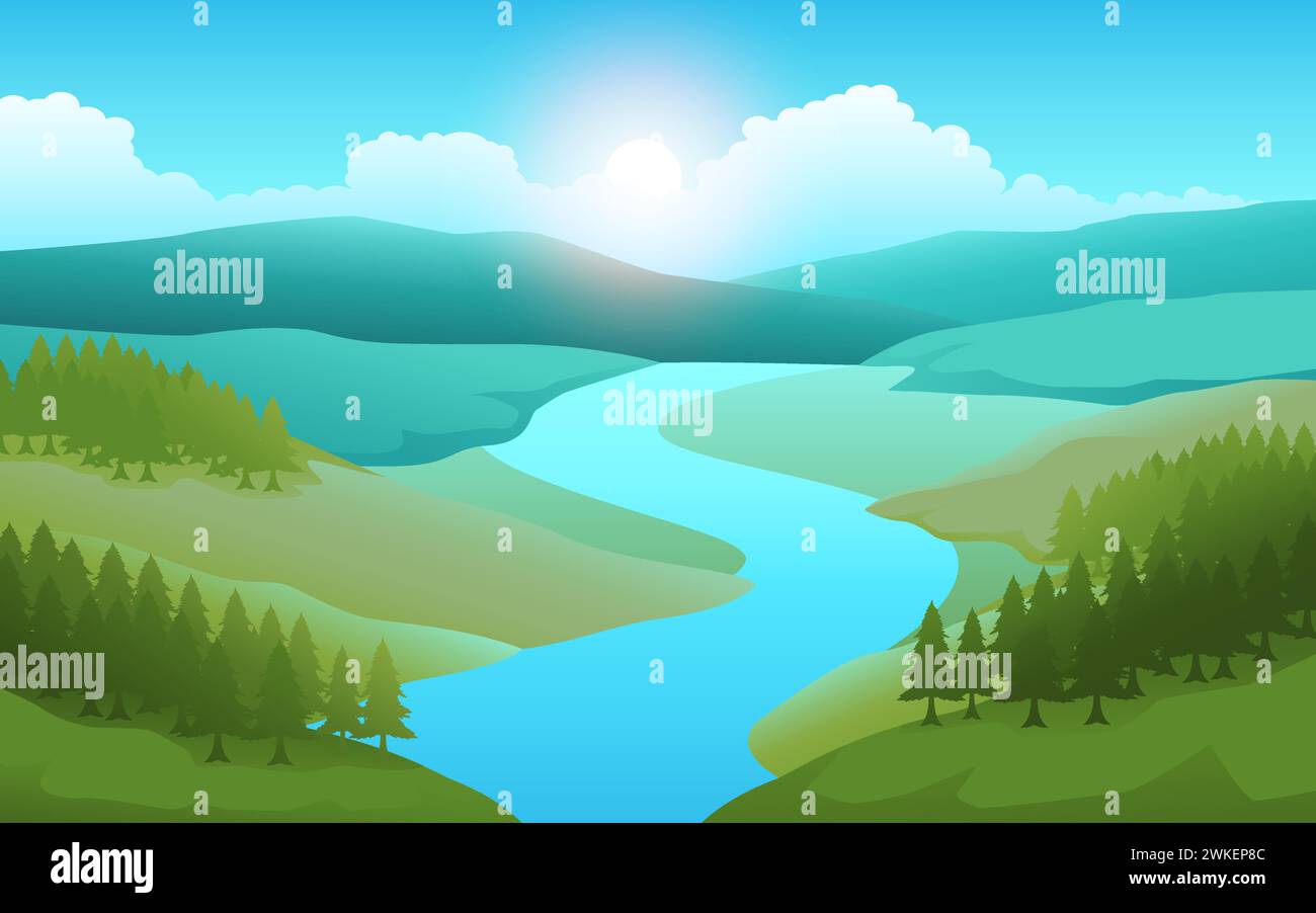 Schönheit der Natur mit dieser Illustration mit einer Berglandschaft. Der beschauliche Fluss, der sich durch die hohen Gipfel schlängelt, schafft einen faszinierenden Sc Stock Vektor