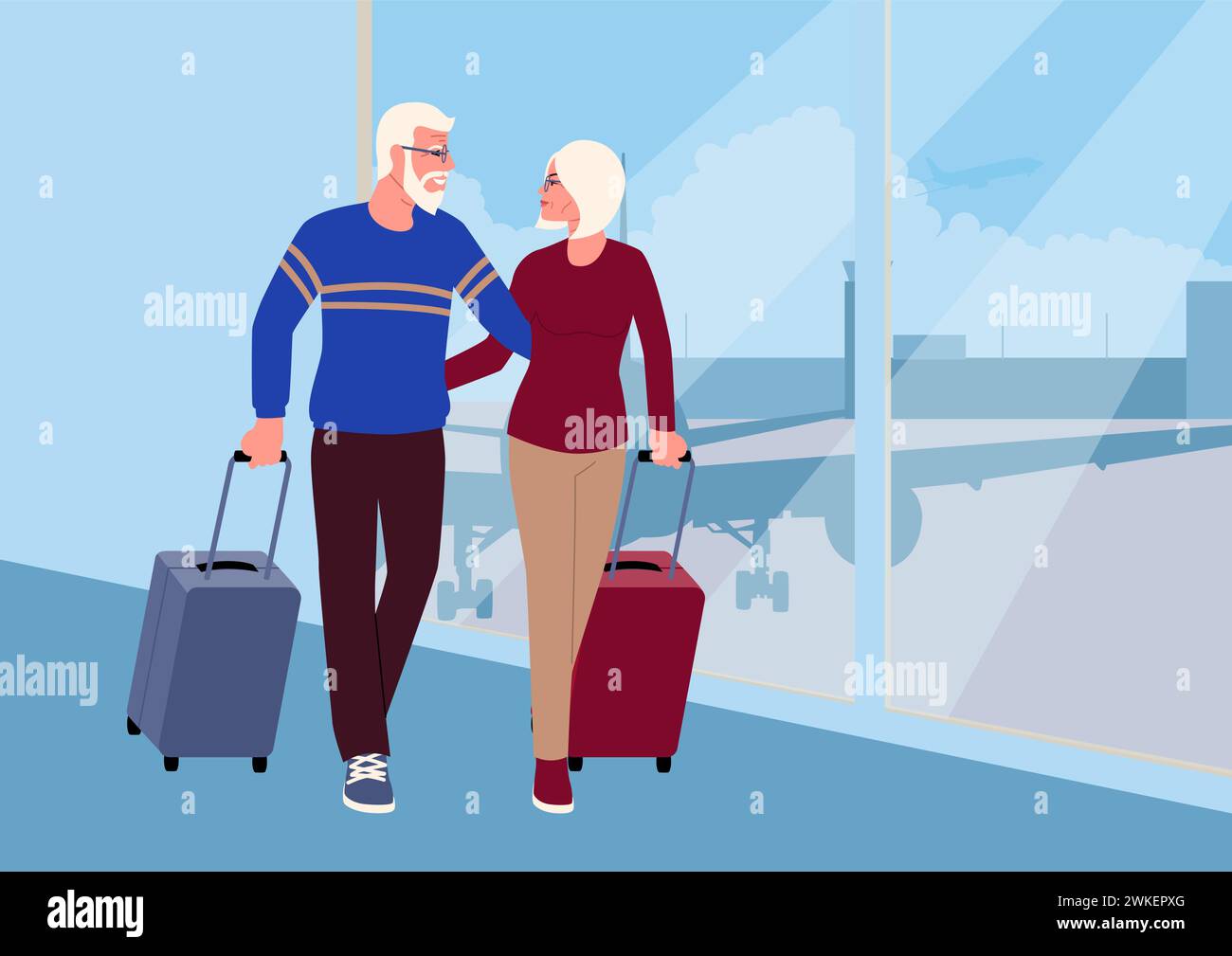 Älteres Ehepaar, das zusammen reist. Eine wunderschöne Darstellung von Liebe, Reise und den Freuden des anmutigen Alterns. Fängt das Wesen des Lebens ein Stock Vektor