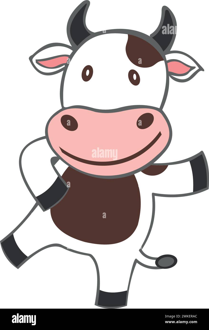 Vektor-Illustration der lustigen lächelnden Kuh, Konzept für Milchpaket und Werbung für Milch oder Babynahrung, Stock Vektor