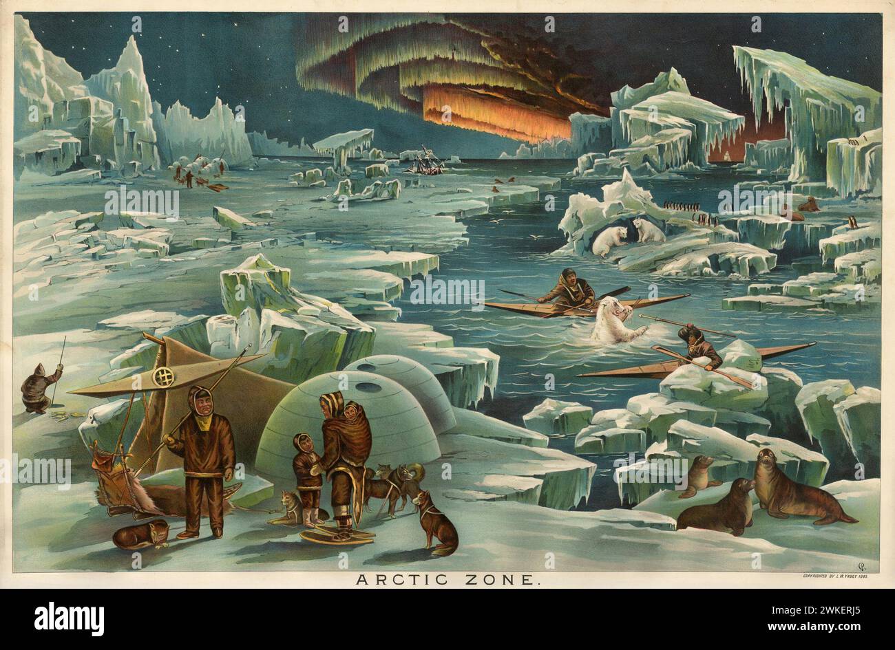 Chromolithographie - Arctic Zone von Levi W. Yaggy. 1893. Ursprünglich als Bildungshilfe herausgegeben, zeigt Inuits, arktische Tiere auf eisbedecktem Land, mit Eisbergen am See und Nordlichtern im Hintergrund. Stockfoto