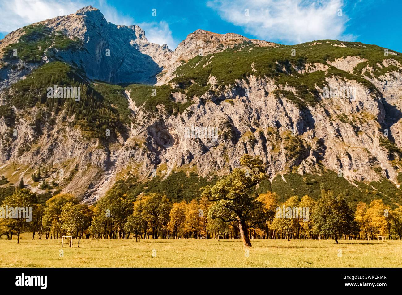 Alpiner Herbst oder indische Sommerlandschaft am Großen Ahornboden, großer Ahornhain, Hinterriss, Schwaz, Tirol, Österreich Ahornboden, AX 099 Stockfoto
