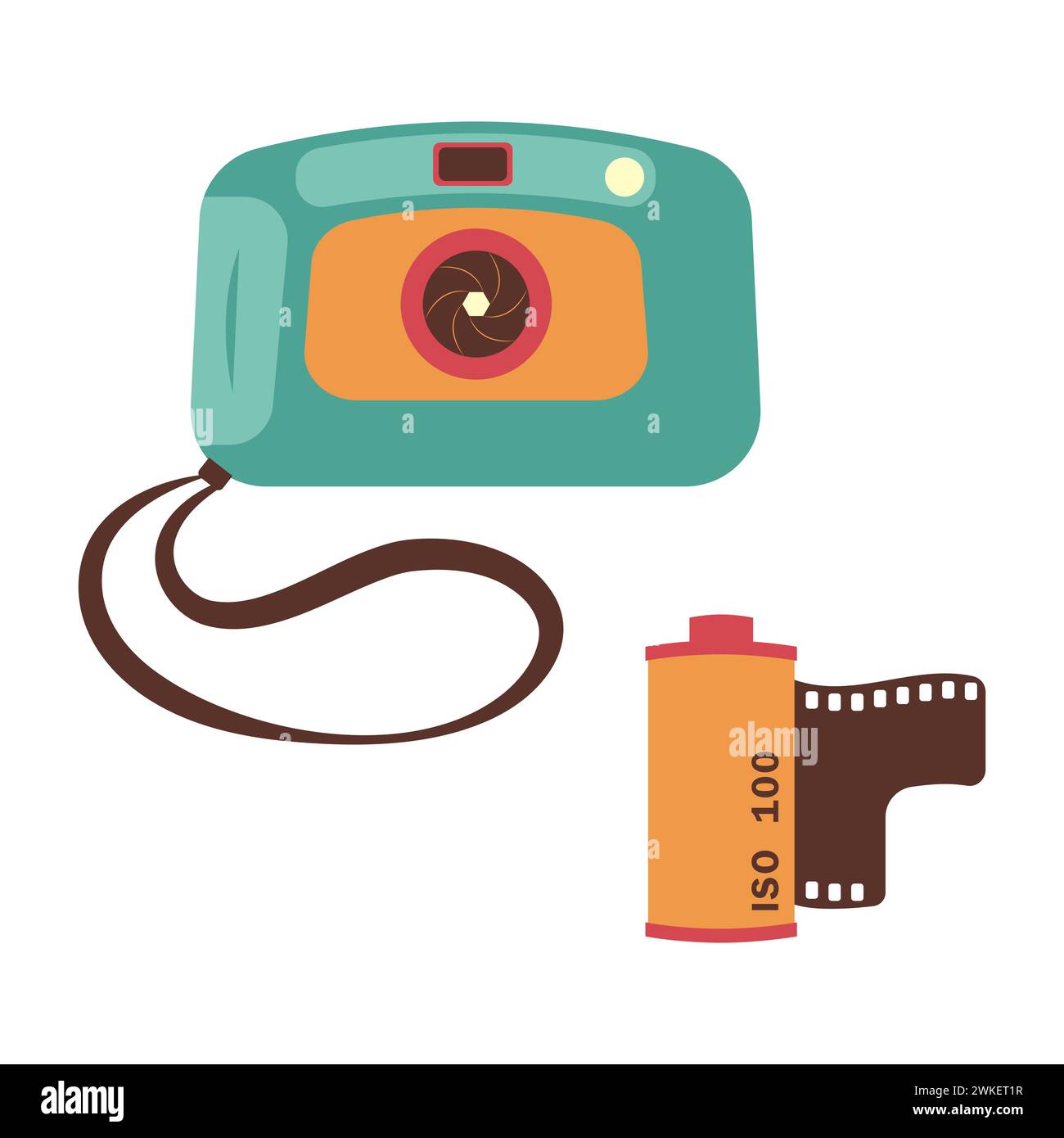 Kleine Amateurkamera und Film. Vektorillustration im Stil der 90er Jahre auf weißem Hintergrund. Stock Vektor