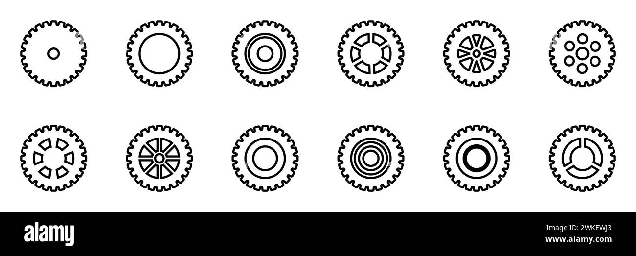 Symbolsatz Gänge. Symbol für Gangeinstellung. Sammlung mechanischer Zahnräder. Einfache Zahnradsammlung. Silhouette mit Zahnradsymbolen. Vector Illustrati Stock Vektor