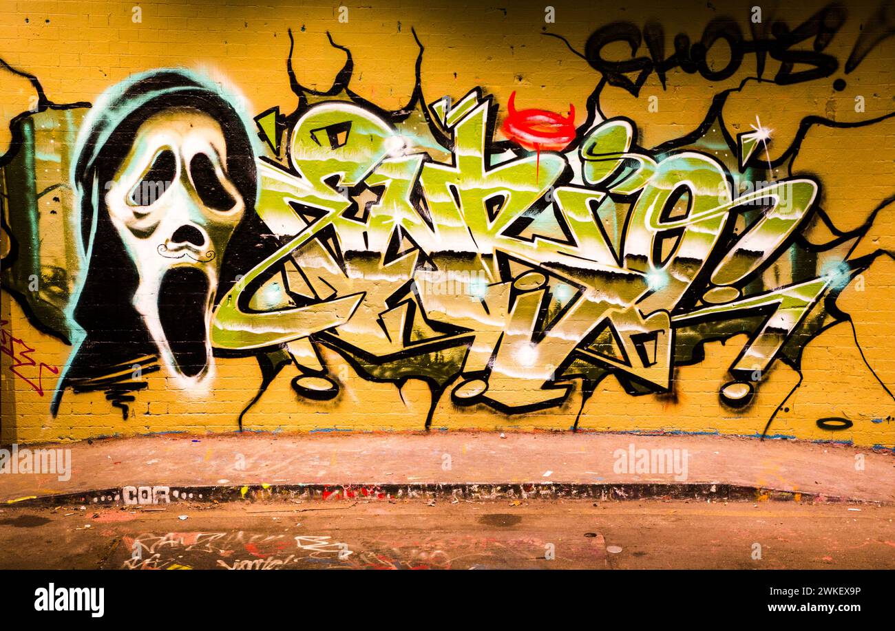 Die fantastischen Kunstwerke und Graffiti im Leake Street Tunnel, London. Stockfoto