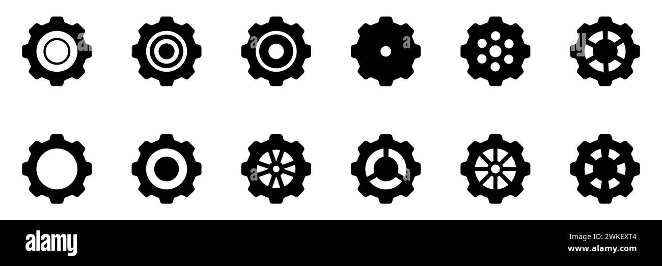 Sammlung mechanischer Zahnräder. Symbolsatz Gänge. Symbol für Gangeinstellung. Vektordarstellung mit schwarzen Silhouetten Kettenradsymbole oder -Zeichen Designelement Stock Vektor