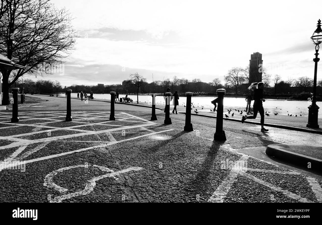 Hyde Park an einem kalten Wintermorgendfoto in Schwarz-weiß. Stockfoto