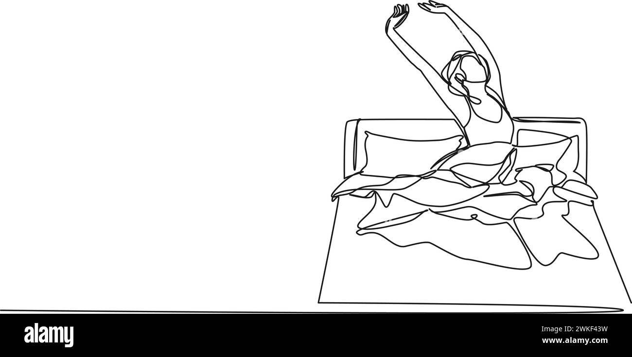 Ununterbrochene einzeilige Zeichnung der Frau, die sich im Bett nach dem Aufwachen ausdehnt, Linie Art Vektor Illustration Stock Vektor