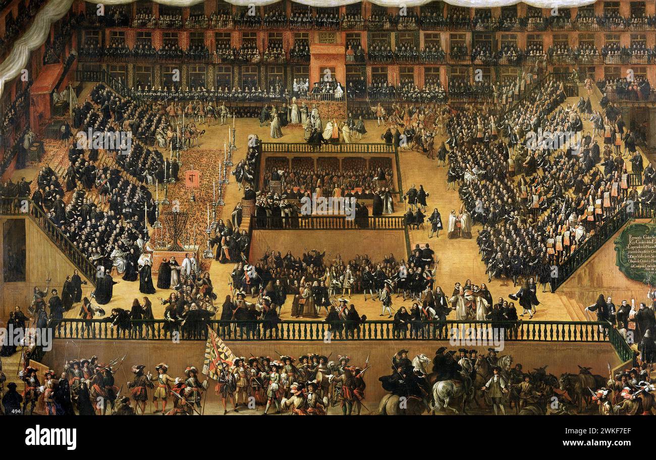 Spanische Inquisition. Auto de Fe auf der Plaza Mayor de Madrid von Francisco Rizi (1614–1685), Öl auf Leinwand, 1683. Das Werk stellt ein Auto de fe dar, das am 30. Juni 1680 in Madrid während der Herrschaft von Karl II. Von Spanien gefeiert wurde. Das Ritual fand auf der Plaza Mayor statt und dauerte einen ganzen Tag. Stockfoto