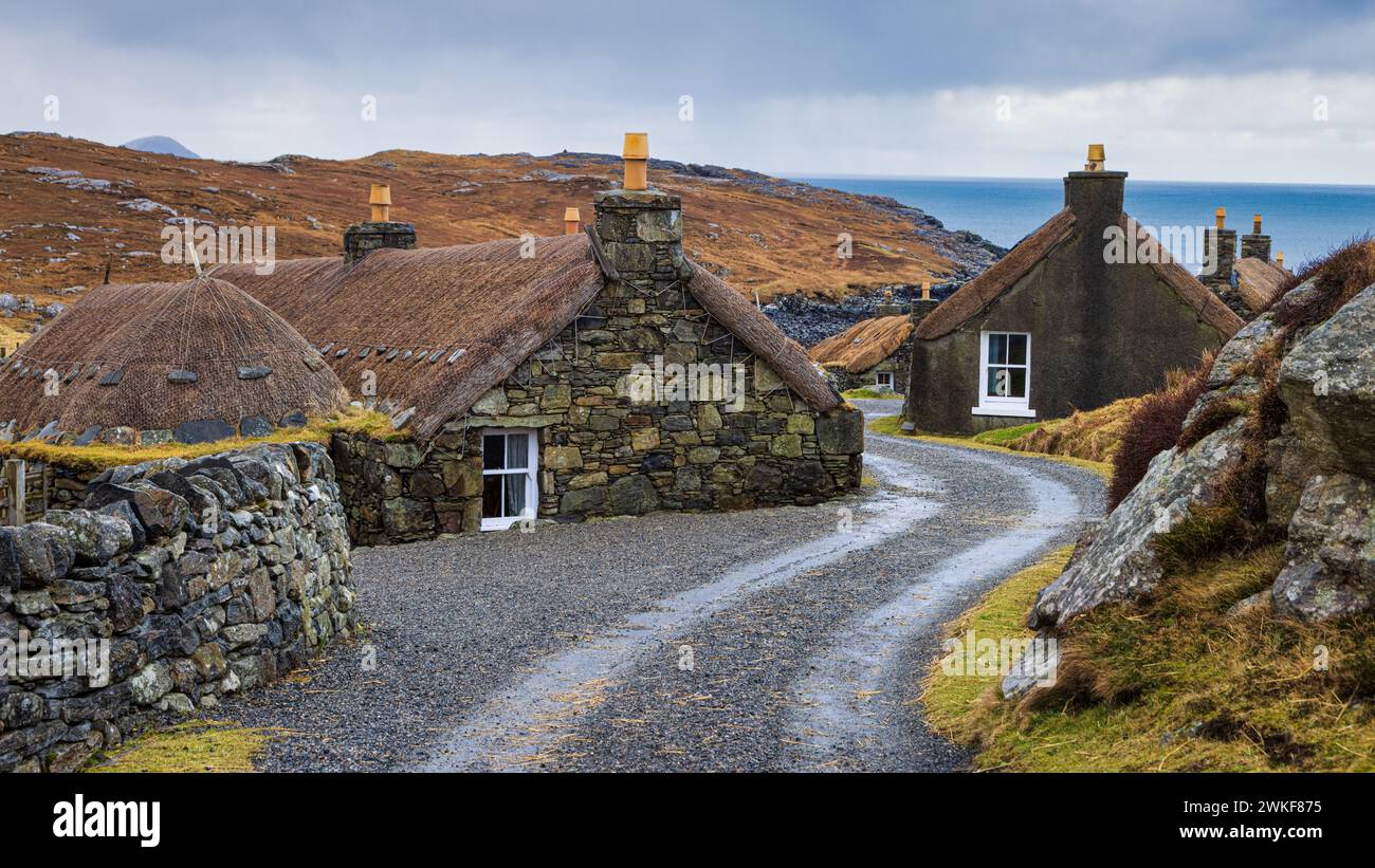 Gearrannan Blackhouse Village auf der Isle of Lewis in den Äußeren Hebriden Stockfoto