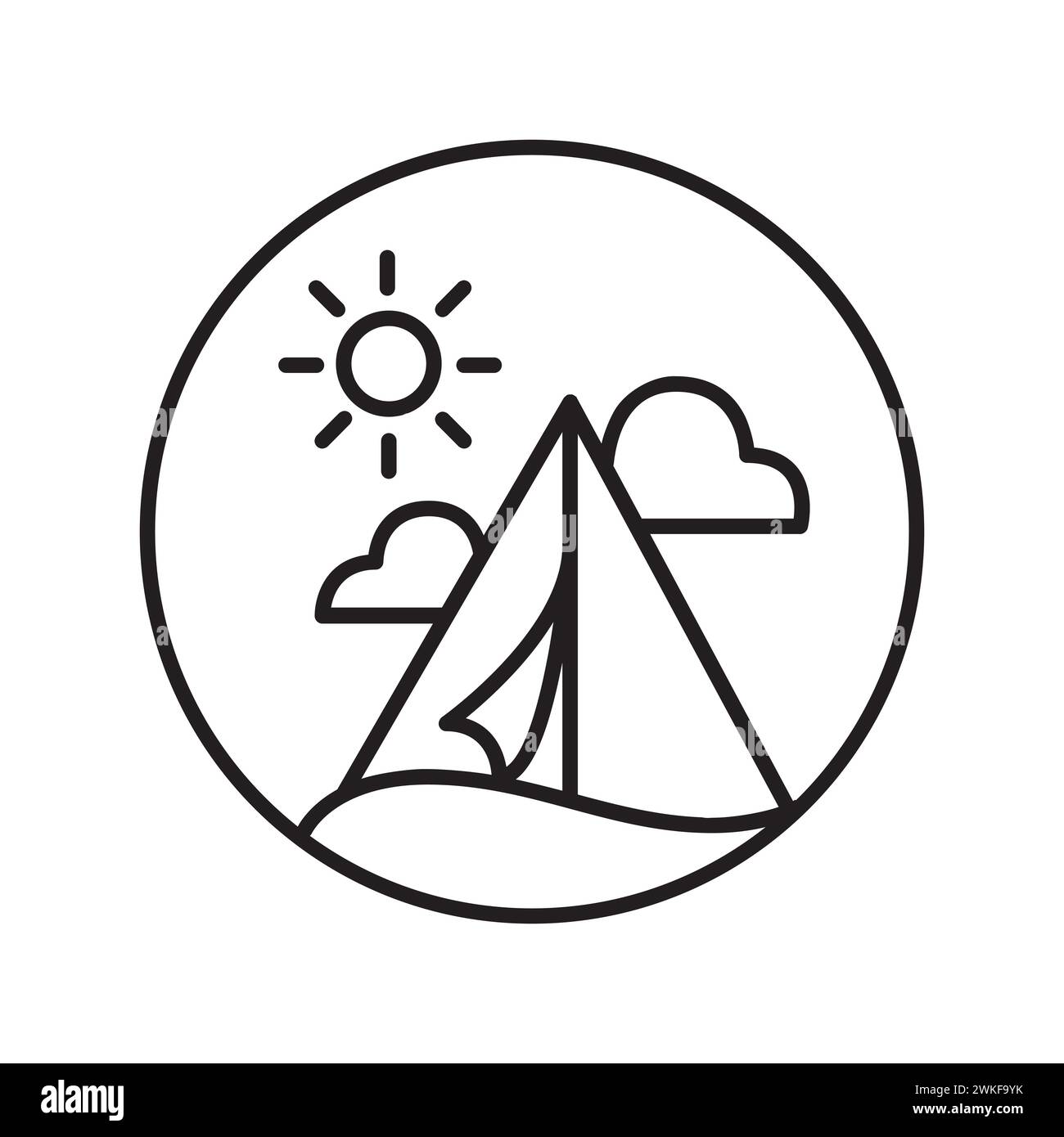Schwarz-Weiß Tarp Camping Mit Sonne Und Wolkenlinie Symbol Stock Vektor