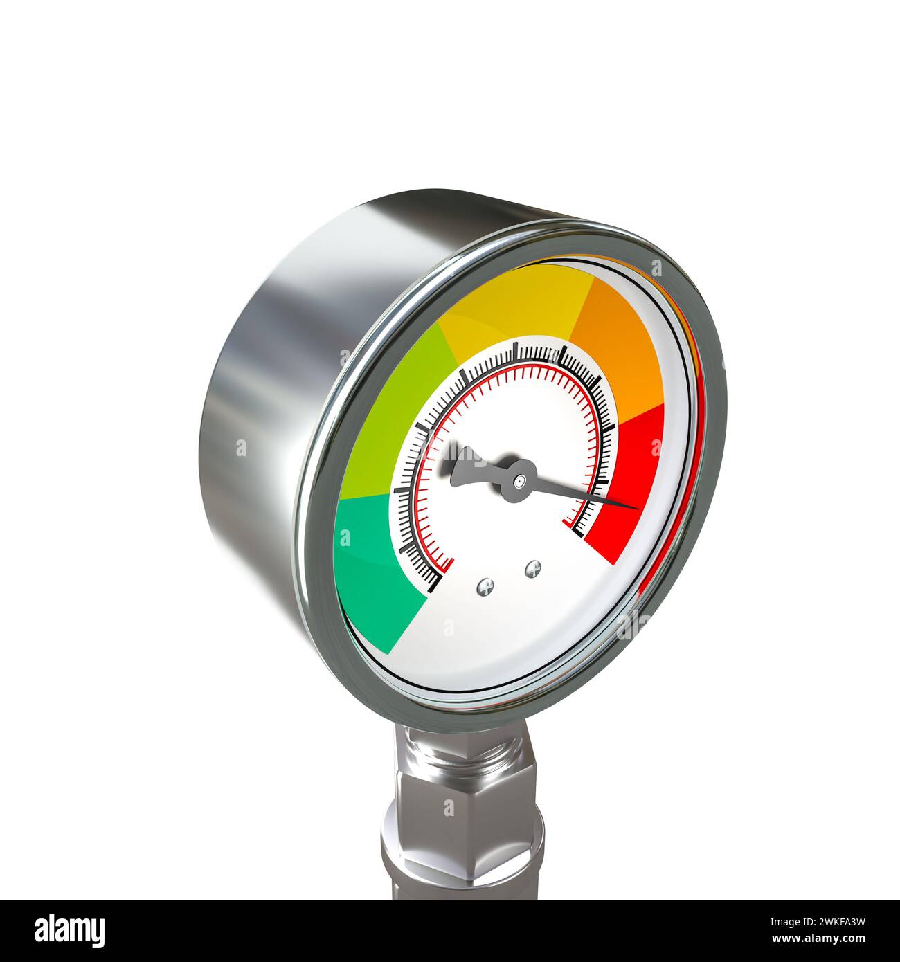 Hochpräzises Manometer aus Metall mit farbenfroher Skala, isoliert auf weißem Hintergrund. 3D-Rendering Stockfoto
