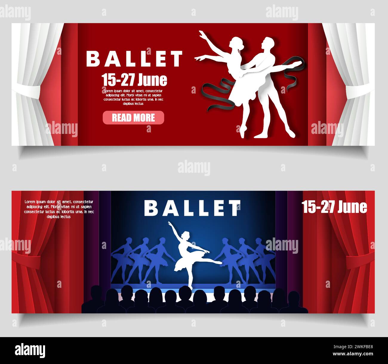 Kopfbanner der Ballett-Website mit der Silhouette der Tänzer Stock Vektor