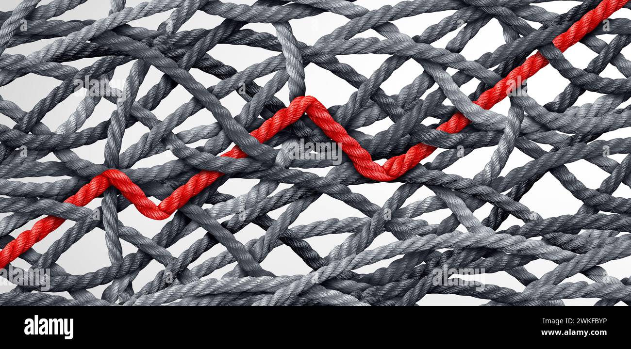 Die Verwirrung um Erfolg überwinden und durch eine komplizierte Verflechtung mit verwirrten Verbindungen als überlappende Seile mit rotem Seil erfolgreich sein Stockfoto