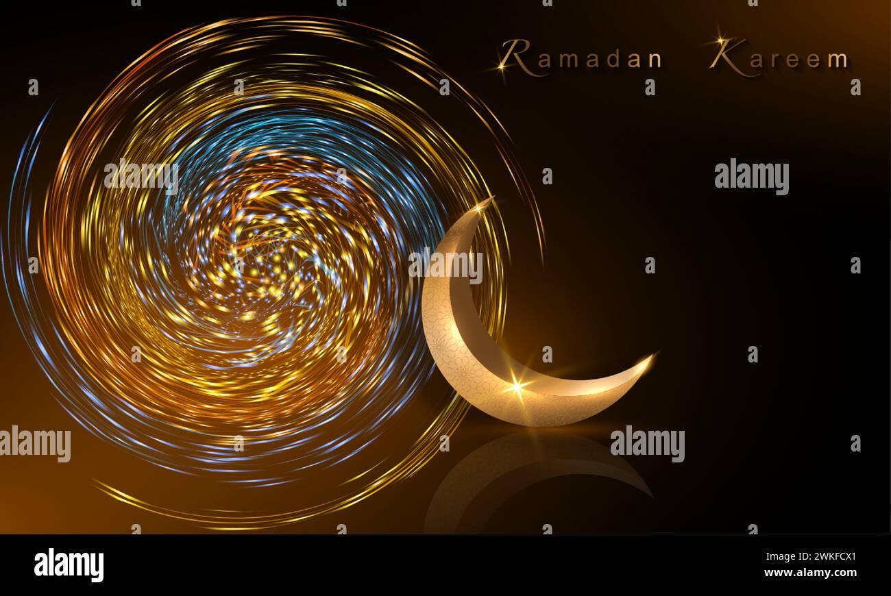 Ramadan Kareem-Banner, 3D-Goldmond, Weihnachtsgrüße traditionell islamisch. Arabisches Design für Produktpräsentation, Präsentation, Kosmetik, Basis, Stock Vektor