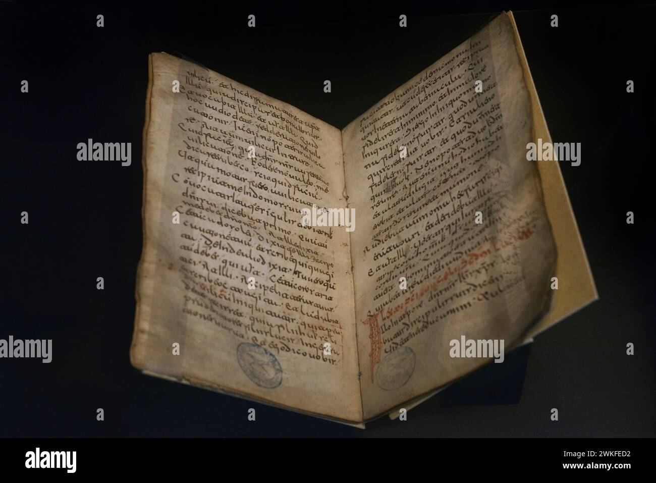 „Liber Commicus“. Fragment, das Teil eines Liber Commicus war, einer Zusammenstellung heiliger Lesungen, die im Laufe des Jahres im Büro der Messe verwendet wurden. Die erhaltenen Folien entsprechen dem lateinischen Evangeliumsbuch in westgotischen Kleinbuchstaben mit Anmerkungen in Arabisch am Rand. Es enthält mehrere Passagen aus den Evangelien von Johannes, Lukas und Matthäus. Zweifarbige Handschrift auf Pergament. Zweite Hälfte des 12. Jahrhunderts. Herkunft unbekannt. Leihgabe: Parroquia de las Santas Justa y Rufina, Toledo. Museum der wegotischen Räte und Kultur. Toledo, Kastilien-La Mancha, Spanien. Stockfoto