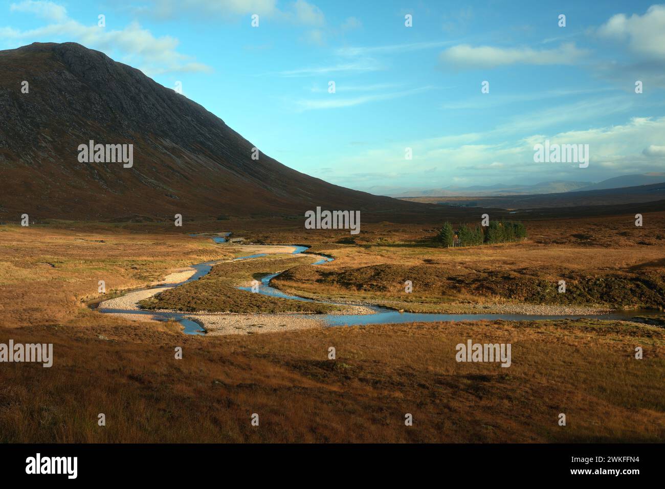 Schottischer Gebirgsfluss im Herbst. River Coe am Fuße der Buachaille Etive Mor am Eingang zum Tal von Glencoe in den schottischen Highlands Stockfoto