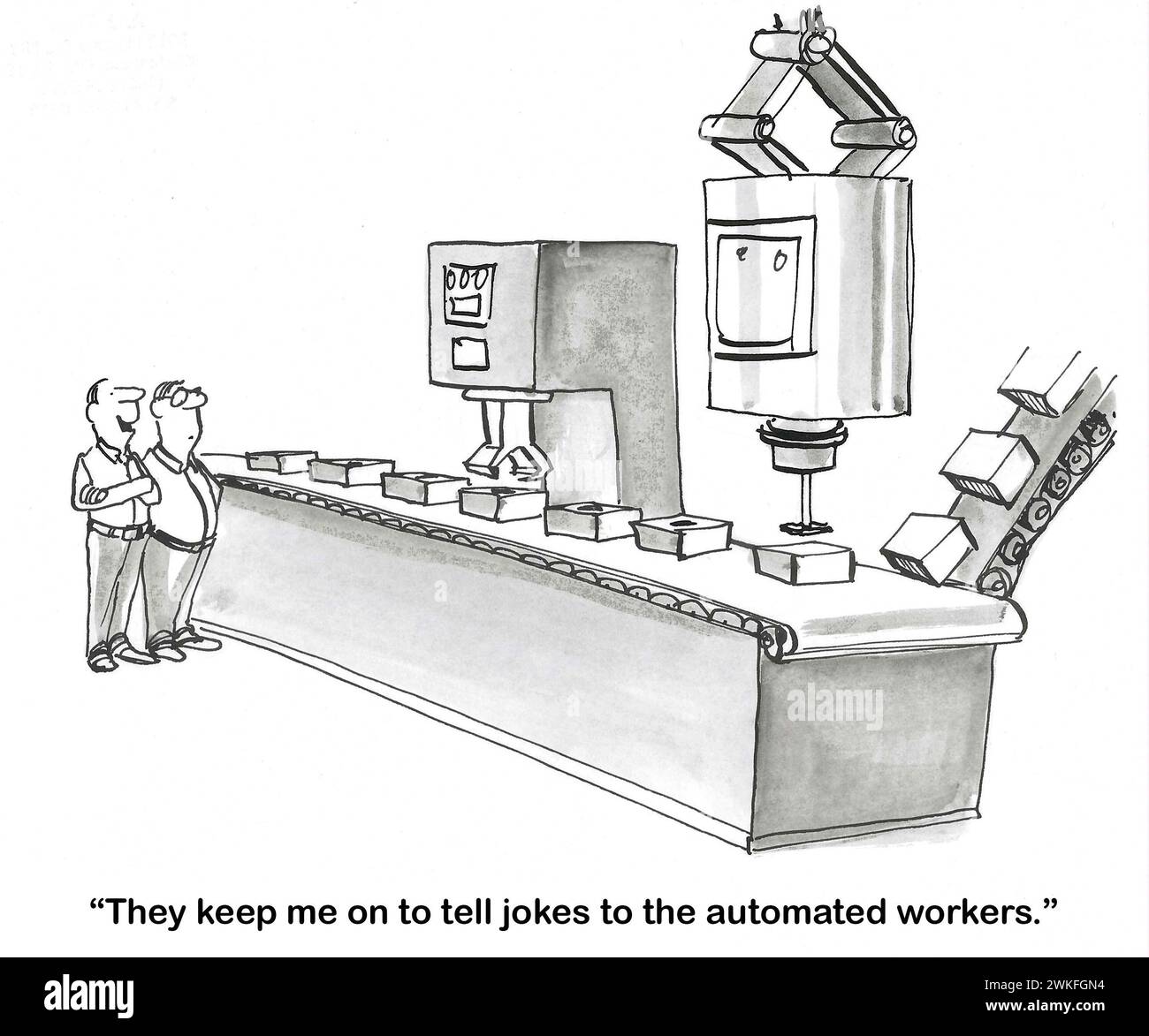 BW-Karikatur eines männlichen Menschen, der einem Freund eines Fabrikarbeiters erzählt, dass das Unternehmen ihn dazu bringt, „den automatisierten Arbeitern Witze zu erzählen“. Stockfoto