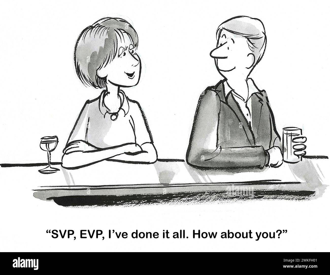 BW-Cartoon, in dem eine Frau einem Mann in einer Bar erzählt, dass sie SVP und EVP gewesen ist - sie hat alles getan. Stockfoto