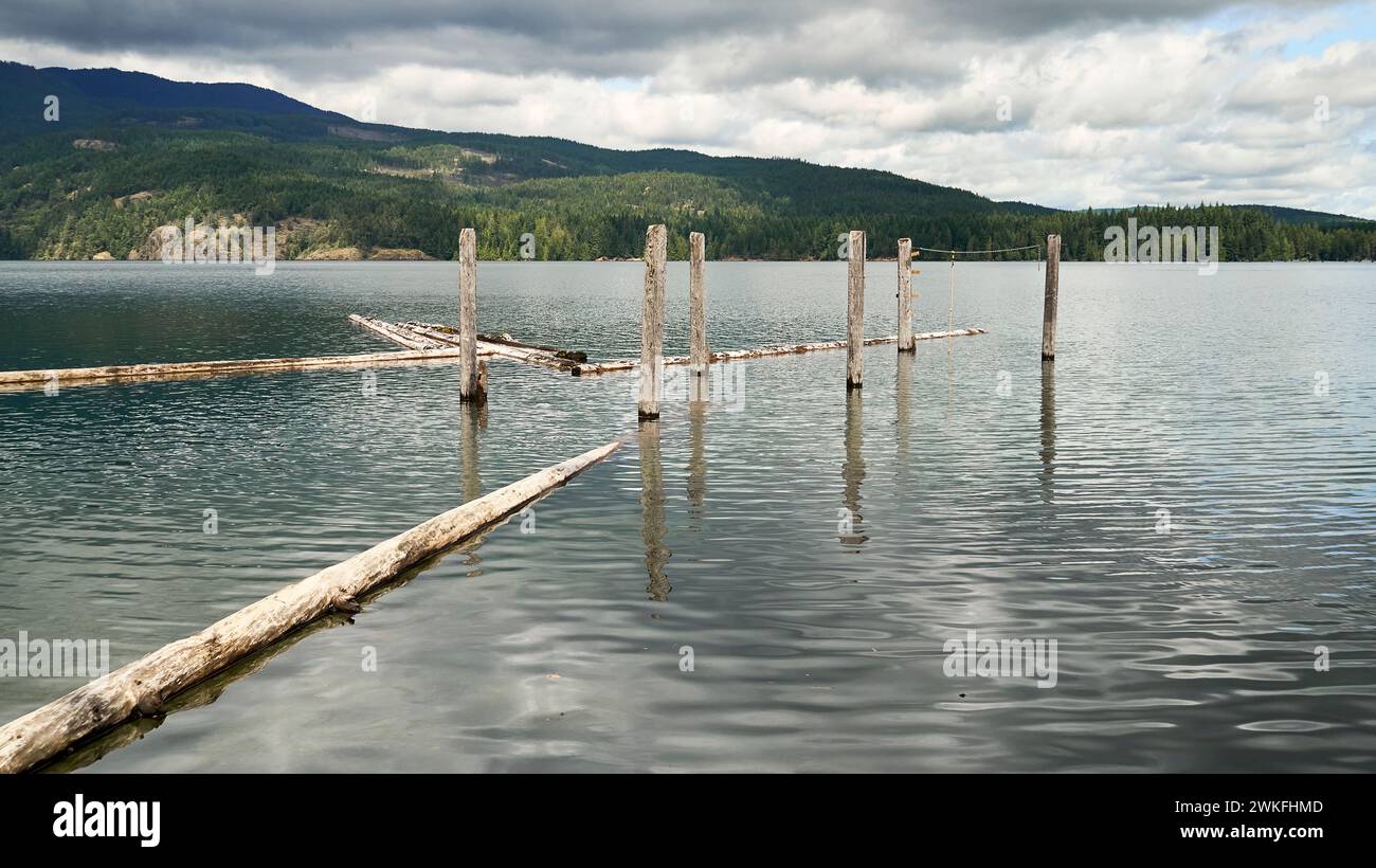 Überreste eines alten Holzfällerdocks an einem ruhigen See mit fernen, waldbedeckten Hügeln im Hintergrund. Stockfoto