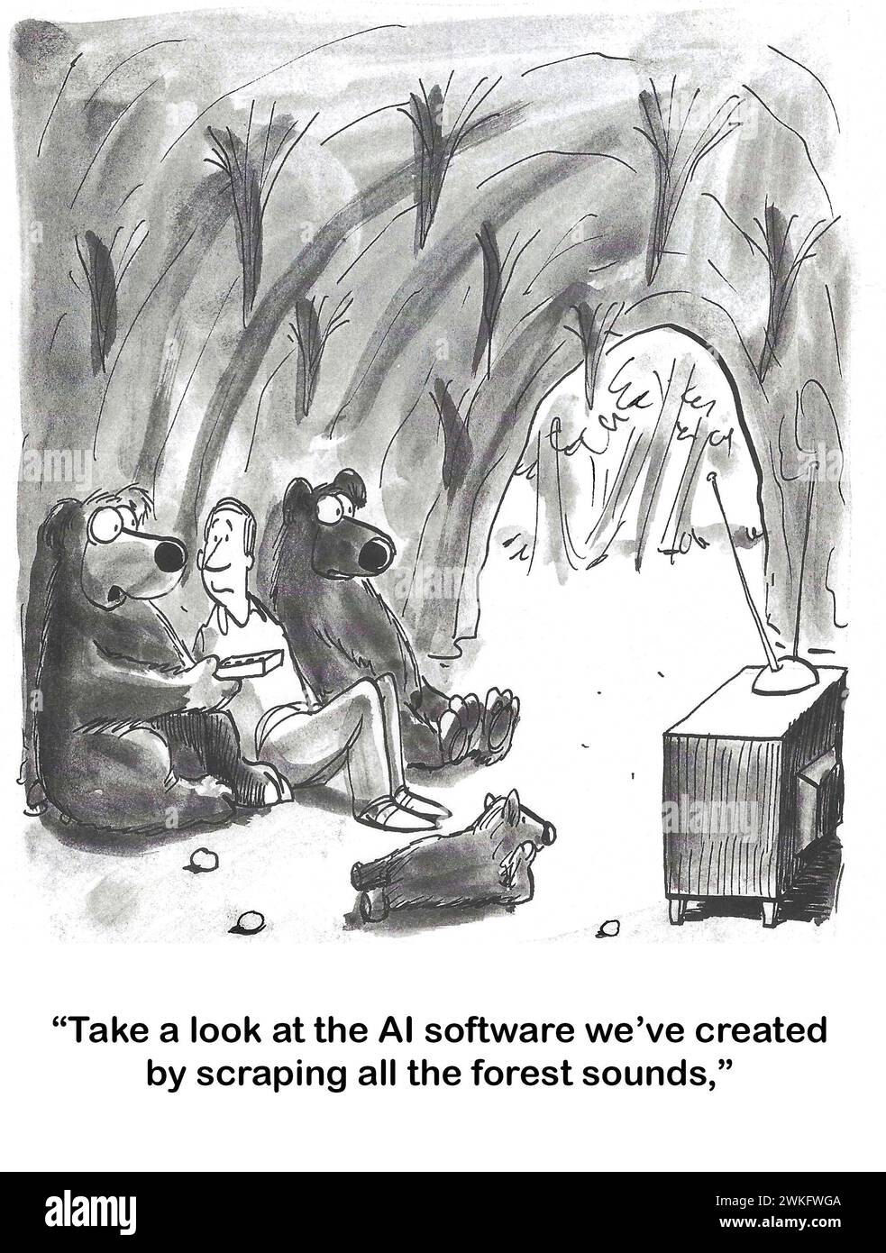 BW Cartoon von Bären und einem Mann in ihrer Höhle, der fernsehen sieht. Die Bären haben KI benutzt, um Waldgeräusche zu kratzen, damit sie sie in ihrer Höhle spielen können. Stockfoto