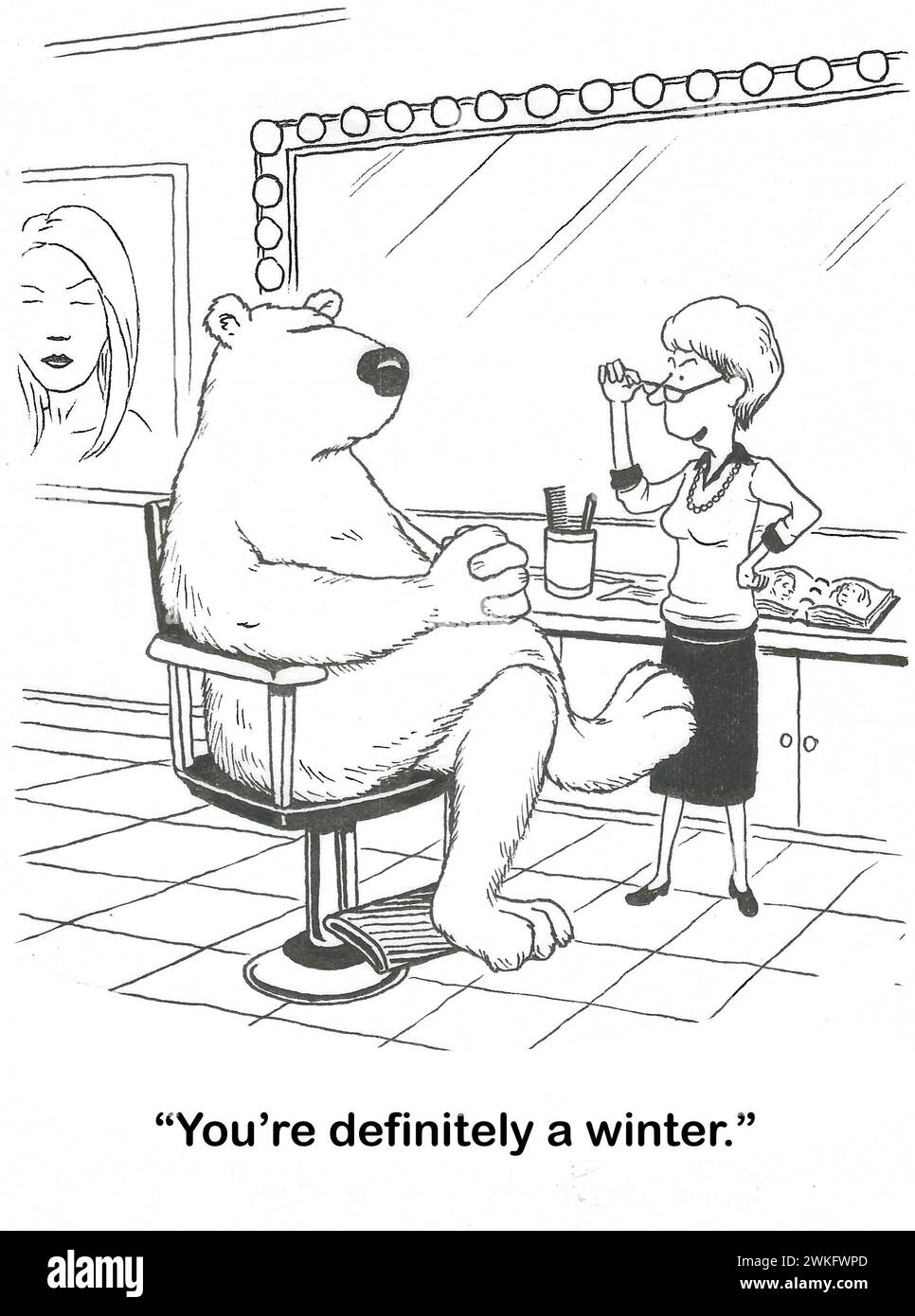BW-Cartoon einer Ästhetikerin, die ihrem Eisbären-Kunden erzählt, dass es ein „Winter“ ist. Stockfoto