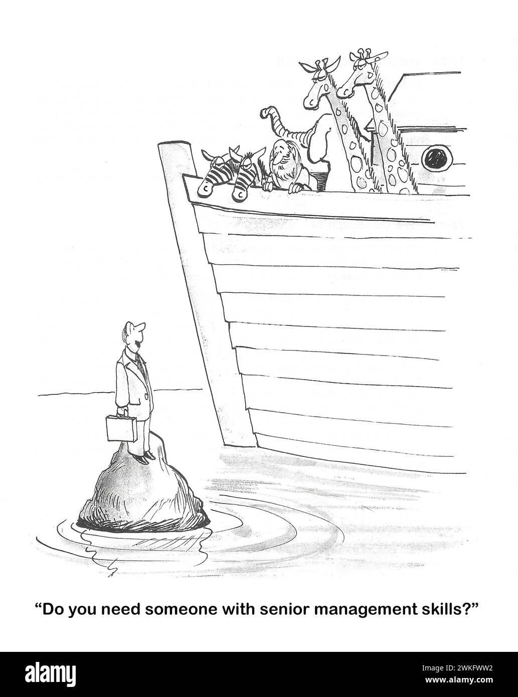 BW-Cartoon eines männlichen Profis, der Noah auf seiner Arche fragt, ob Noah jemanden mit 'Führungsqualitäten' braucht. Stockfoto