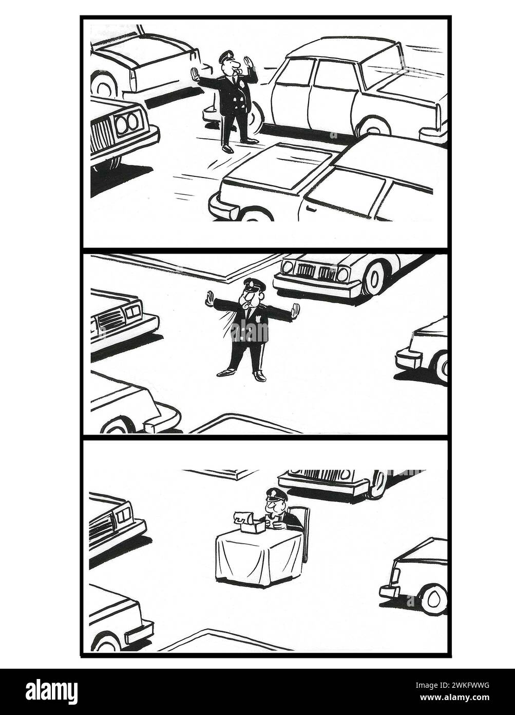 3-Panel-BW-Cartoon von Polizisten, der den Verkehr in alle Richtungen stoppt, damit er einen Tisch in der Mitte der Kreuzung aufstellen und sein Mittagessen essen kann Stockfoto